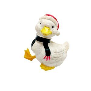 Resin White Duck Figurine in Santa Hat scarf vintage